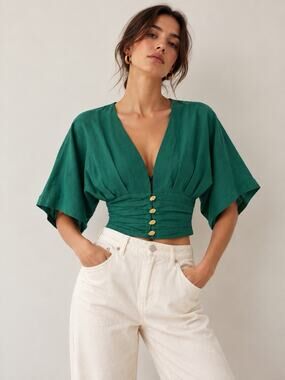NWT COMMENSE Kimono Sleeve Top S Green Cotton Linen Blend Gold Button Cropped